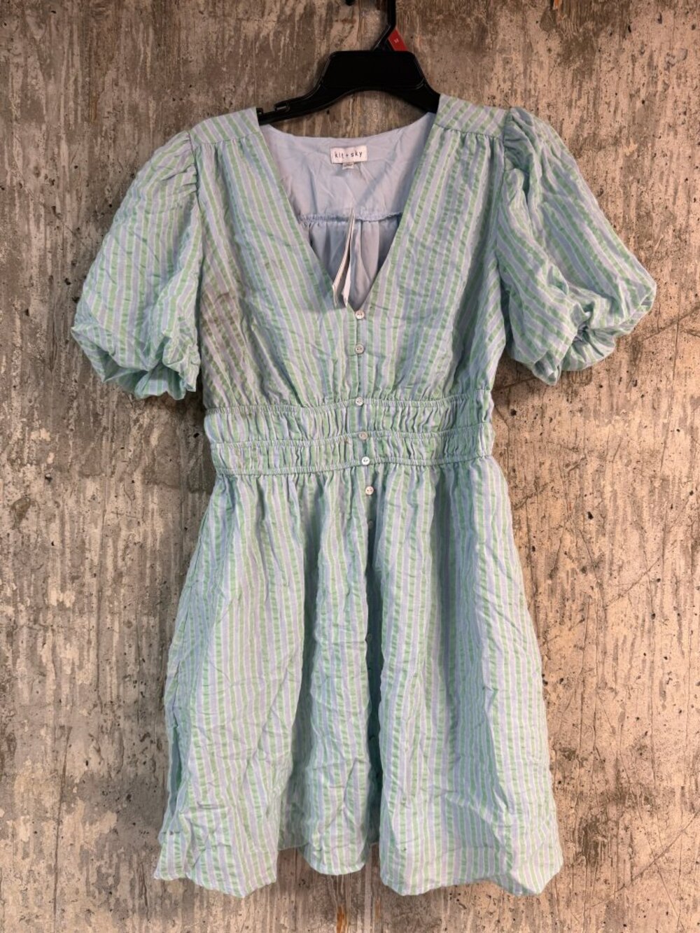 KIT & SKY Women's Striped V-Neck Seersucker Short-Sleeve Dress Size M In Aqua